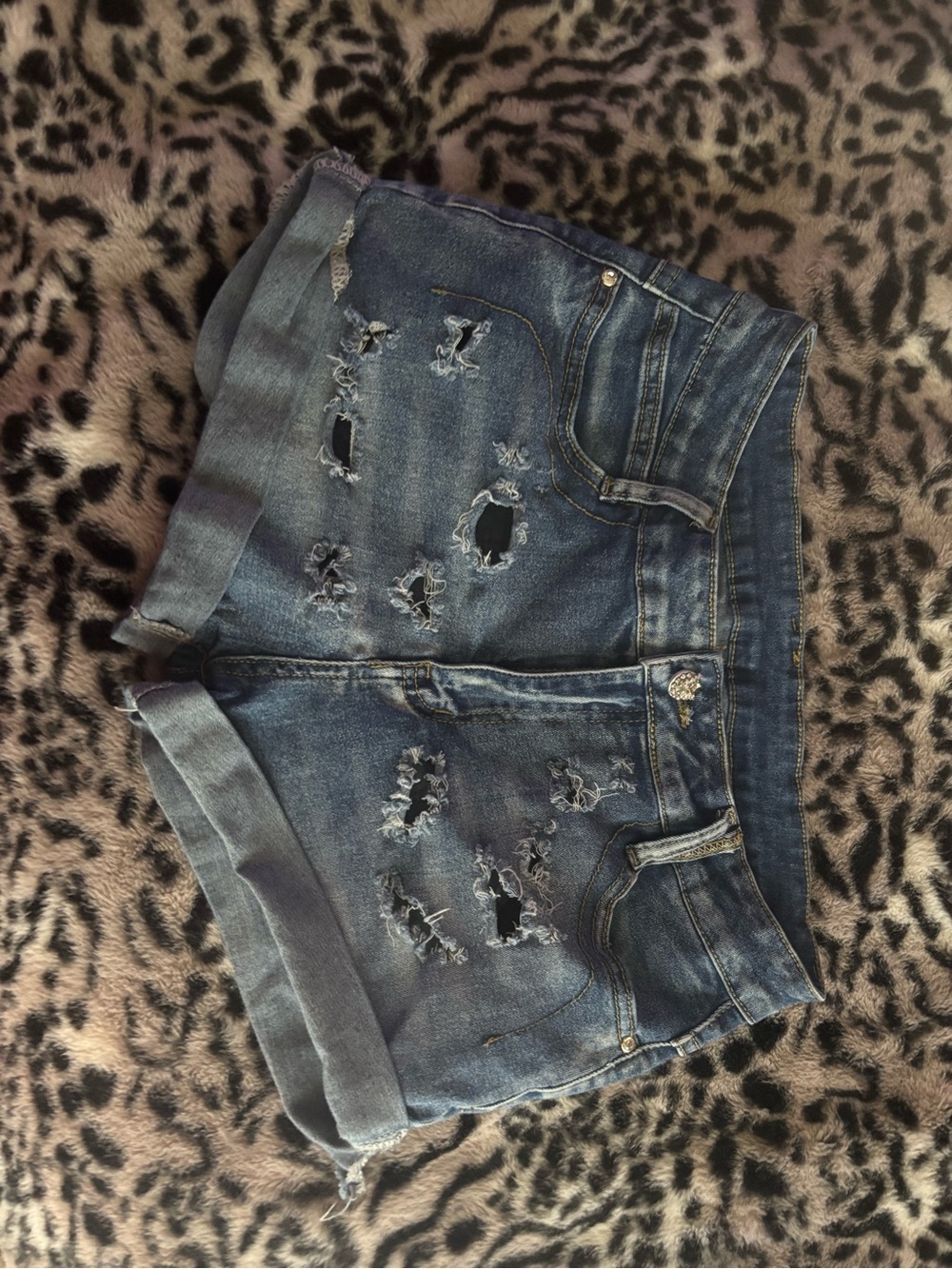 Ripped Dark Blue Denim Roll-Cuff Women's Jean Shorts